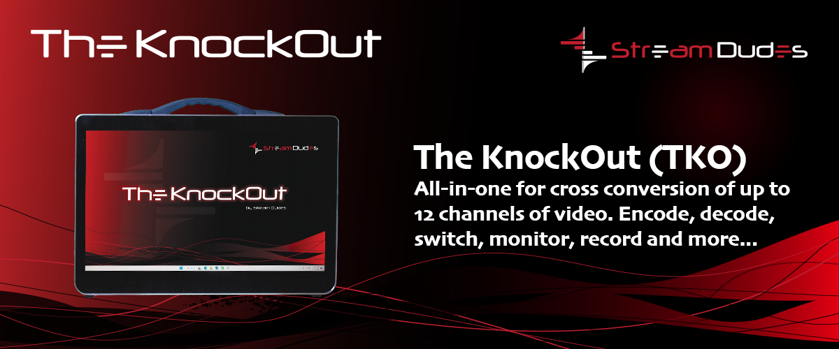 The KnockOut Transcoder by Stream Dudes | your all-in-one solution for cross conversion, encoding, decoding, switching, monitoring, recording and more, of up to 12 channels of video.